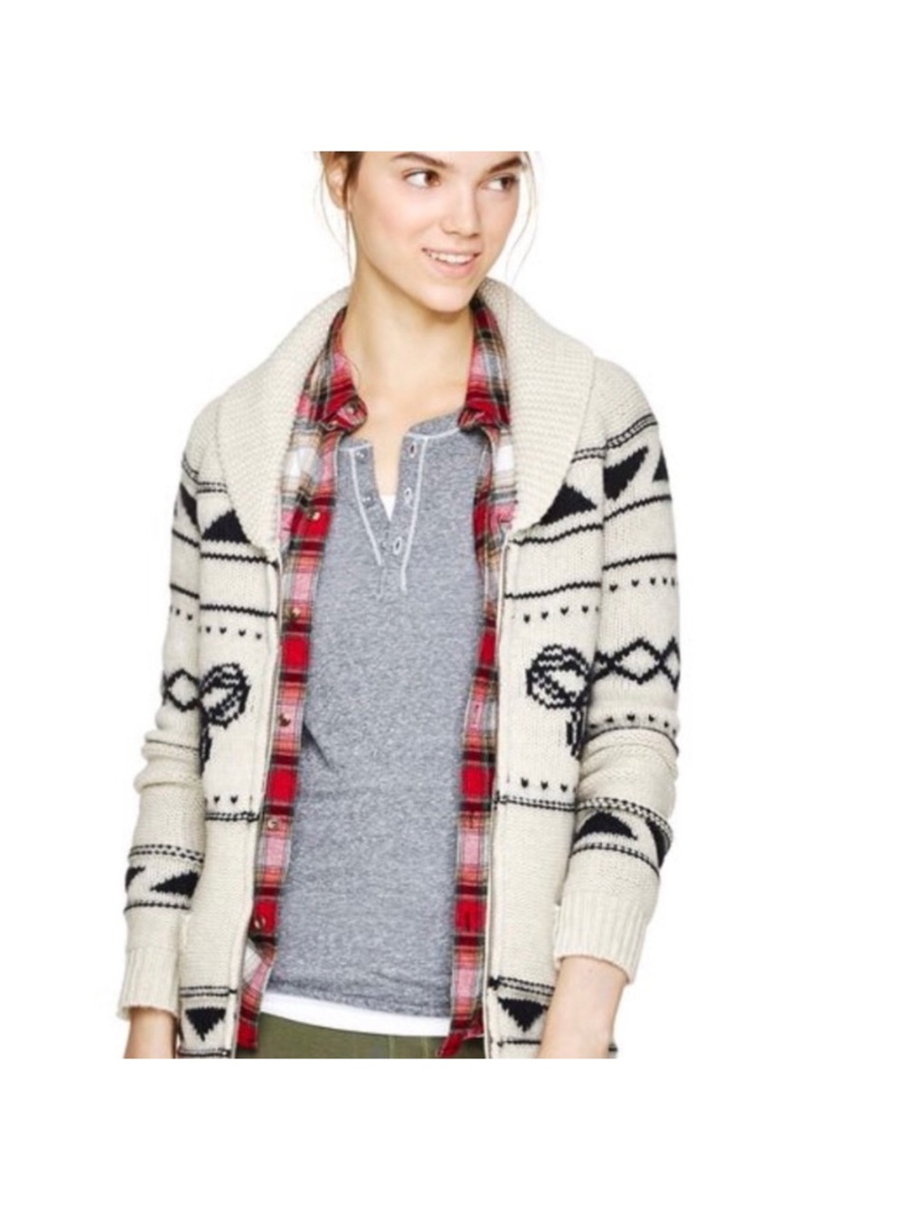 Aritzia Ivory and Black Patterned Shawl Collar Sweater Cardigan